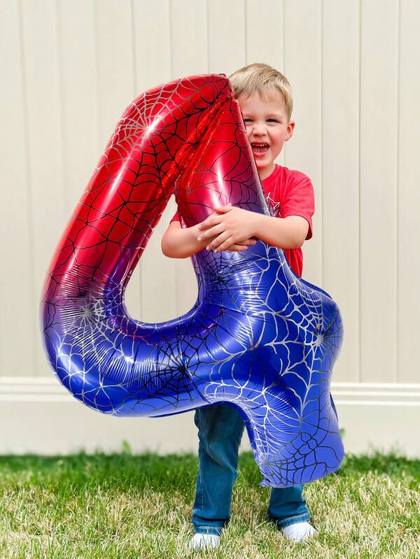 1pc 40-Inch Spider Theme Number Balloons, Numbers 0-9, Giant Ombre Red & Blue Helium Foil Balloons, Spider Web Design, For Spider Hero Theme Birthday Balloons, Boy's Birthday Decor, Baby Shower, Anniversary, Superhero Party