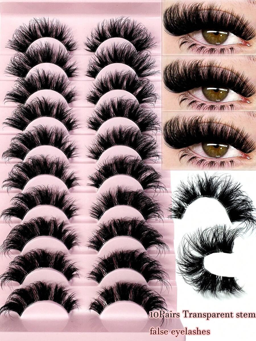 LYBCG 10 Pairs Natural 8D Fluffy False Eyelashes Wispy Lashes 3D Volume Strip Lashes D Curl Fake Eyelashes With Clear Band Eye Lashes Thick And Soft Curly Eyelashes For Halloween Cosplay Manga Lashes - màu đen - Xem 1