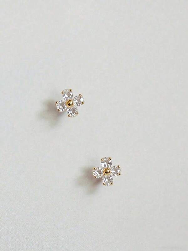 1 Pair Colorful Cubic Zirconia Flower Stud Earrings, Cute & Sweet, Elegant Design For Women
