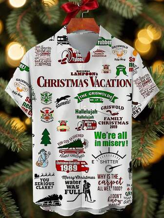 Christmas Movie 3D Digital Print Plus Size Men Button Pocket Short Sleeve Shirt