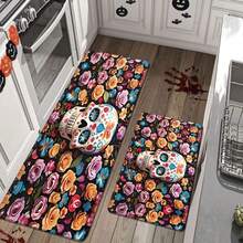 1pc Thickened 0.47 Inch/1.2cm Halloween Colorful Skull Pattern Kitchen Mat, Rose Background Non-Slip Polyester Floor Mat, Suitable For Bathroom, Bedroom, Game Room, Indoor And Outdoor Day Of The Dead Decoration Halloween Party - Multicolor - View 7