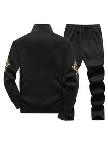 Men's Sportswear Set, Featuring A Long-Sleeved Full-Zip Sport Jacket With Embroidered Lettering And Coordinating Drawstring Athletic Pants, Designed For Both Outdoor Pursuits And Athletic Endeavors. - 黑色 - 查看 2