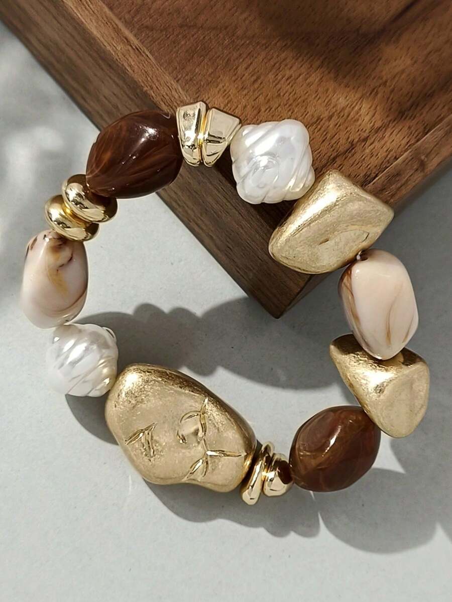 1pc Vintage Boho Thick Brown Acrylic Beaded Bracelet, Luxury High-End For Women, Couples, Party, Daily Wear - Multicolor - View 1