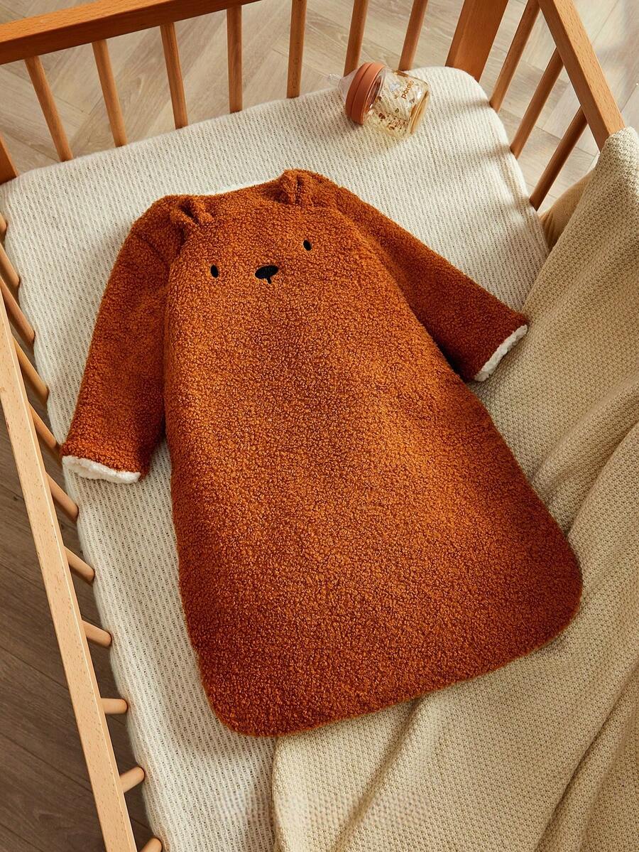 1pc Baby Cartoon Cute Bear Teddy/Rabbit, Soft, Comfortable, Warm, Thermal Lining, Thick Material, Double-Layer Plush Sleeping Bag - Chocolate Brown - View 1