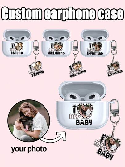 1 Customized Earphone Case + 1 Customized Keychain, Personalized With Portrait And Name, Fashionable TPU Soft Earphone Case, Unisex Cute Text Design, DIY Anniversary Gift, Compatible With Apple Earphone Case 1/2/3/4/Pro/Pro2, Stylish, Colorful, Minimalist, Adorable Customization, Personalized, Unique