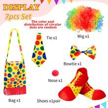 Décoration de Noël, 8 pièces/set Costume de clown pour adultes. Comprend le costume de clown, la perruque, le nez, le masque, le sac de clown, les chaussures et les accessoires de cirque. Costume de carnaval et de fête de cirque pour jouer le rôle de clown mignon et amusant.
