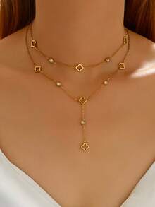 2 件时尚不锈钢幸运四叶草吊坠项链，方晶锆石装饰项链 Y 形项链，适合女性日常佩戴，性感锁骨链配饰 - 金色 - 查看 3