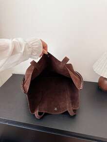 1 Túi đeo vai thời trang dành cho nữ, Túi tote đa năng dung tích lớn dành cho nữ, Trang trí đinh tán, Màu trơn dùng hàng ngày, Thích hợp để mua sắm, đi làm, đi học - Cà phê - Xem 7