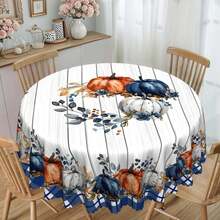 1pc Autumn Tablecloth, Vintage Farmhouse Tablecloth - Blue Pumpkin Pattern, Blue/Orange/Beige Plaid Border, Rectangular Polyester Dining Table Cover, Suitable For Thanksgiving, Harvest Party, Autumn Home Decor - Indoor/Outdoor Easy Clean, Durable Fabric, Rustic Theme, Essential For Holiday Hosts