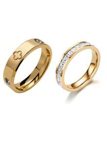2 piezas Anillos apilables minimalistas de acero inoxidable con una y dos filas de circonita cúbica en color dorado para mujer, aptos para uso diario - Juego de trébol de cuatro hojas dorado - Ver 3
