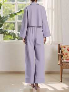 Women's 2 Piece Lounge Set Long Sleeve Lapel Button Up Shirt Pants Casual Sets