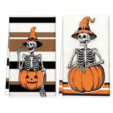 1 Set/1 Stück/2 Stücke Halloween Kürbis Schädel Muster Geschirrtücher, geeignet für Restaurants, Küchen, Badezimmer, tägliche Dekoration, tägliche Familienfeiern, Heimdekoration und bunte Haushaltsgegenstände. Sie können auch als Geschenke verwendet werden. - Verschiedenfarbig - Übersicht 2