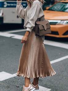 女士休闲圣诞新年派对天鹅绒褶皱松紧腰半身裙 - 香檳 - 查看 2