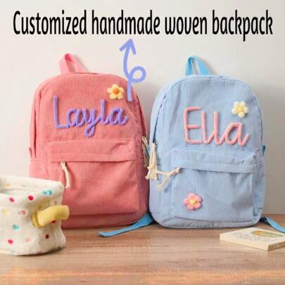 Customized Name Backpack, Solid Color Campus Backpack, Customized Corduroy Backpack, Embroidered Backpack, Back To School,Personalized Backpack, Customized Bag, Gift, Backpack, Customized Embroidered Bag, Single Letter Backpack,Delicate Romance,Car Keychain, Keyring