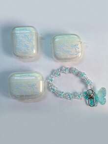 1 pieza Estuche de auriculares a prueba de golpes de TPU con lazo azul, concha brillante y colgante de mariposa, compatible con modelos de auriculares Apple