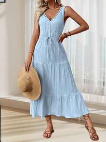 Women's Summer Casual Tank Dress Sleeveless V Neck Button Solid Color Beach Dresses - màu xanh da trời - Xem 4