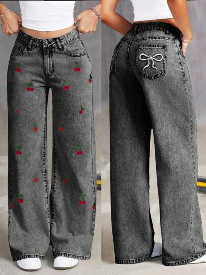 Teen Girl Fashion Streetwear Style, Bow Embroidered Detail, Casual Wide Leg Elastic Waist Jeans
