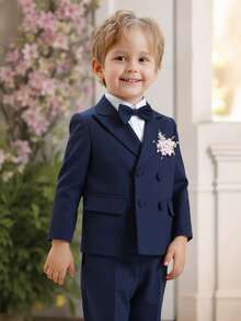 5pcs/Set Boys' Classic Minimalist Formal Suit Set - Jacket + Vest + Pants + Tie + Suspenders, Suitable For Birthday Party, Celebration, Awards Ceremony