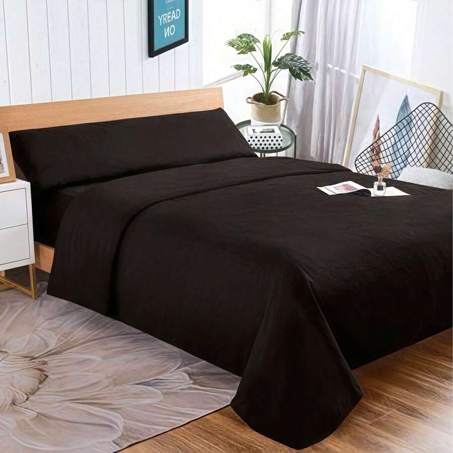 3-Piece Bed Sheet Set, Soft And Comfortable Colorfast Bedding, Suitable For Beds Measuring 90/105/135/150/180/200 Cm, Including Fitted Sheet, 1 Pillowcase And Sheet, For All Seasons - màu đen - Xem 1