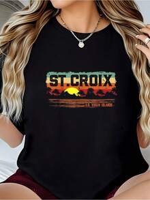 Vintage Sunset St. Croix USVI-Shirt         Graphic Tees Women Crop Tops Summer Outfits Women Summer Tops-Shirt - 黑色 - 查看 1
