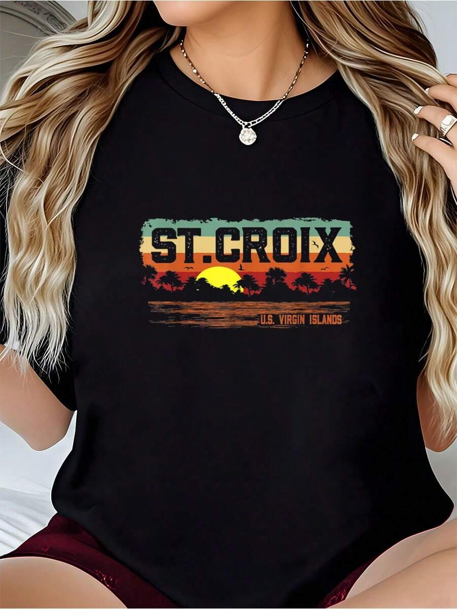 Vintage Sunset St. Croix USVI-Shirt Graphic Tees Women Crop Tops Summer Outfits Women Summer Tops-Shirt - 黑色 - 查看 1