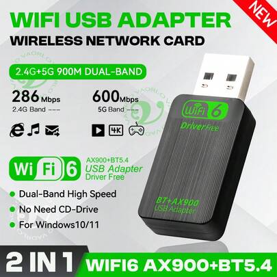 KZ Adaptateur USB WiFi6 Bluetooth 5.4 2-en-1 AX900, carte réseau WiFi double bande 2,4 G et 5 G, récepteur sans fil compatible avec Win10/11, plug and play