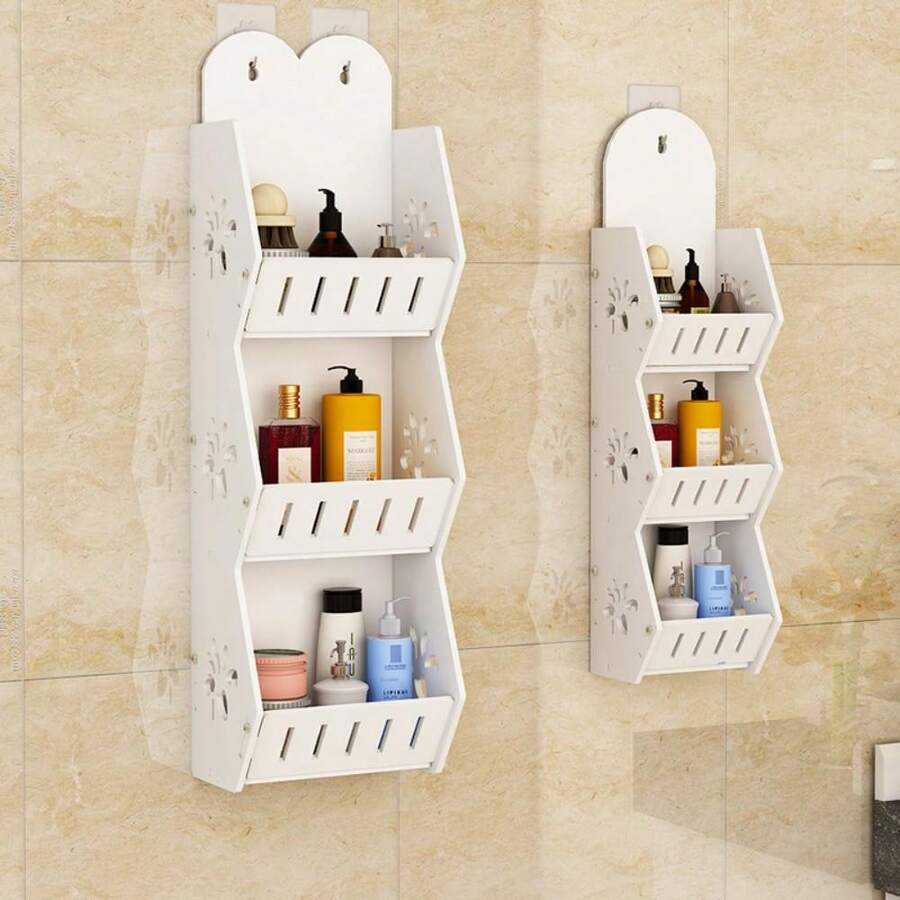 1 pezzo Mensola da parete per il bagno senza foratura per gel doccia e cosmetici, organizer a due ripiani con ganci, accessori per il bagno - Multicolore - Visualizzare 1