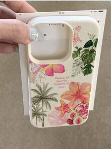 Capa de Telefone Macia, Resistente a Choques e Modas, Estilo Resort, 1 Peça, Ilustração Vintage da Flor de Hibisco e Árvore de Coco com Textura de Lichia, Anti-Queda e Antiderrapante, Compatível com Apple, Telefones, Versão Internacional, Não a Versão Doméstica, Aniversário - Multicolorido - Visão 3