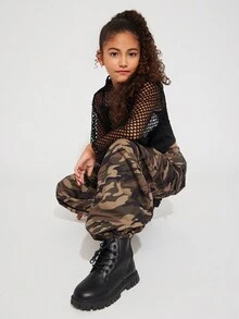 Radiana 3 件套 Tween 女童休闲时尚网眼连帽长袖上衣、罗纹针织背心和迷彩工装裤套装 - 軍綠色 - 查看 4
