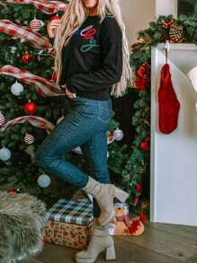 Women's Black Holly Jolly Round Neck Elegant Sweater Winter Graphic Clothes - Black - View 4