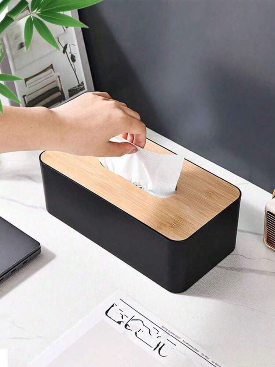 1 Hộp đựng khăn giấy đơn giản, không có khe, làm từ tre và gỗ, hộp đựng khăn giấy sang trọng hình chữ nhật, có màu đen và trắng. - màu đen - Xem 1