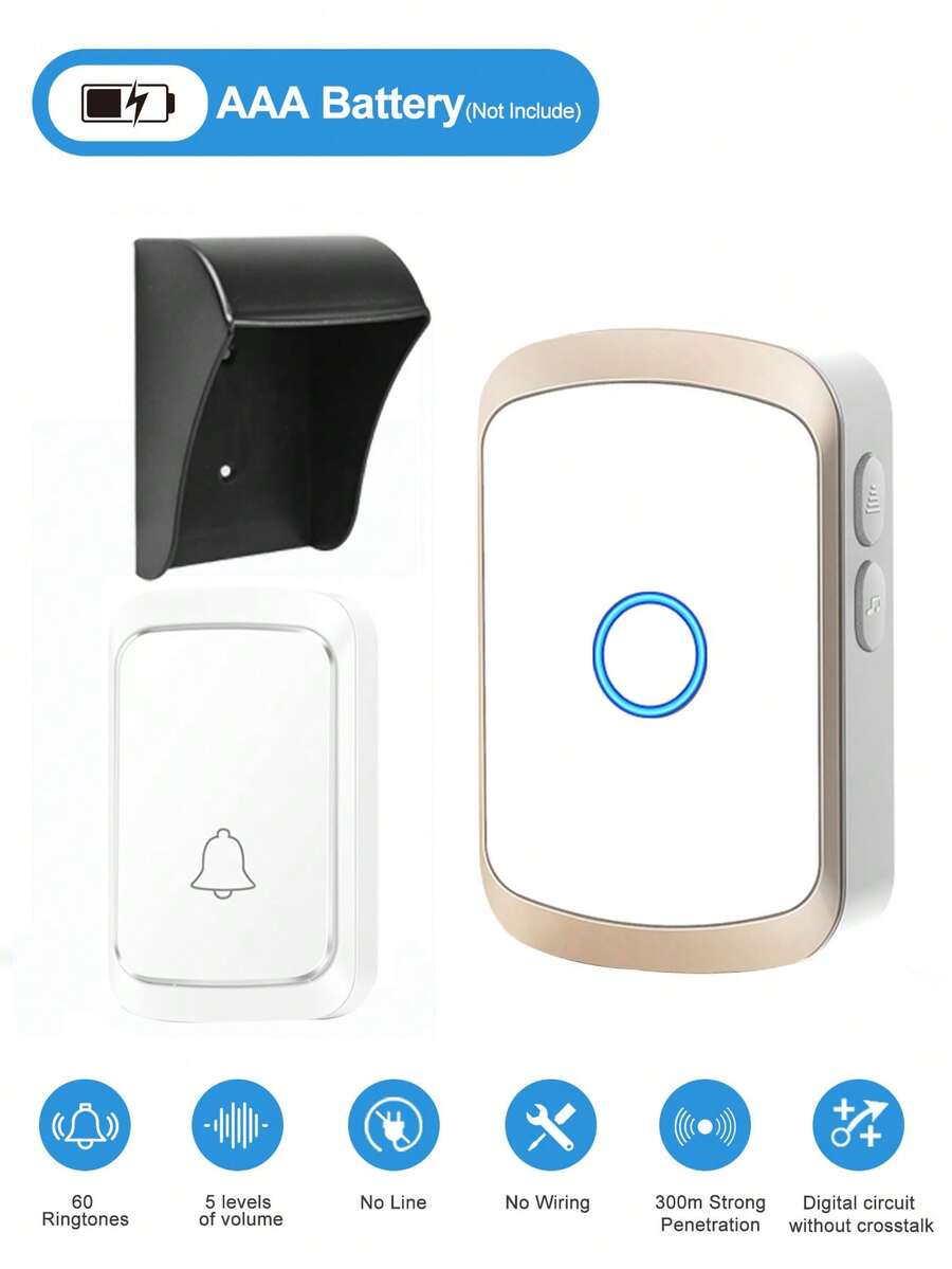 1 Set Wireless Doorbell Kit With Rain Cover, Long Range High Volume Chime, 60 Melodies 5 Volume Levels, Living Room/Garden Reminder, Powered By 3*AAA Batteries/USB (Batteries Not Included)