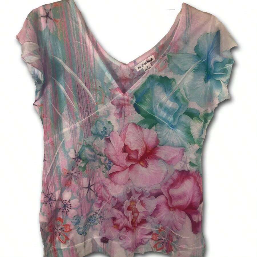 WOMEN'S SUBLIMATED PRINT, BANDED BOTTOM, FLUTTER SLEEVE, DOUBLE V-NECK KNIT TOP - Hồng - Xem 1