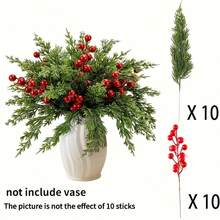 10/20pcs Christmas Pine Needle & Red Berry Set, 10-Inch Artificial Evergreen Norfolk Pine Foliage Stems, Faux Pine Needle Floral Picks For DIY Bouquets, Wreaths, Home Decor, Vases, Dining Table, Wedding Table, Fireplace Decoration, Christmas Decor - Multicolor - View 11