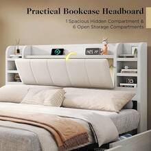 Full/Queen/King Size Storage Bed Frame With Headboard, Bookcase Shelf Design With 4 Drawers And Built-In Charging Station, Modern Platform Bed, No Box Spring Required, White - Xem 5