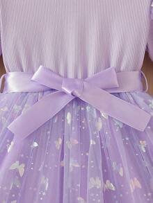 Vestido de manga larga elegante para niñas, con manga acampanada de malla de red con mariposas de colores y cinturón, adecuado para uso casual diario y fiestas de cumpleaños