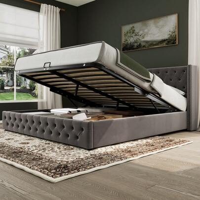  Flieks Upholstered Bed, With Hydraulic Lever, 150 X 200 Cm, Functional Bed From Storage, Velvet Fabric (Without Mattress), Grey