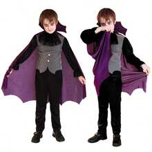 儿童吸血鬼伯爵服装套装 - 万圣节派对哥特式服装，带斗篷、高领和蕾丝 - 紫黑/红黑/黑灰 - 角色扮演服装，吸血鬼主题派对，三种款式可供选择 - 黑色-A - 查看 3