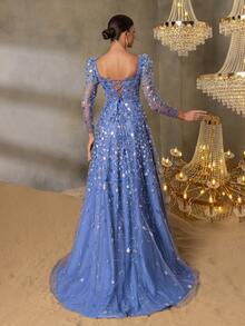 Faeriesty 华丽的珠饰亮片晚礼服，长袖修身设计，搭配奢华的薄纱罩衫和耀眼的灯光效果，是出席正式晚宴、红毯活动和盛大庆典的理想之选。 - 霧霾藍 - 查看 2