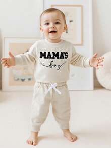 Newborn Baby Boys Outfit Waffle Knit Long Sleeve Mama's Boy Embroidery Sweatshirt Top Pants Set Infant Bodysuit Fall Winter Clothes - 卡其色 - 查看 4