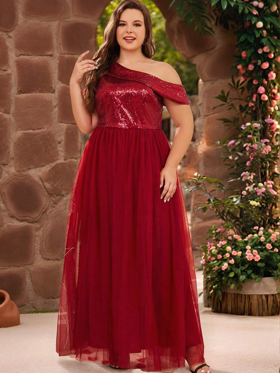 Plus Asymmetrical Neck Slit Thigh Sequin Insert Mesh Formal Dress - Burgundy - View 1