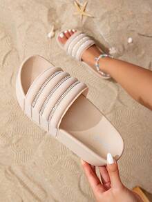 Summer New Strap Chunky Sole Crystal Rhinestone Decor Casual Comfortable Beach Slide Sandals, Apricot Color - Apricot - View 4