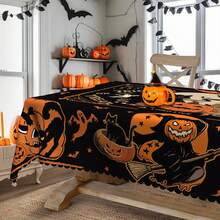 1 Stück Halloween Thema Tischdecke, Katze Mond Geist Fledermaus Orange Schwarz Muster Tischdecke, Halloween Party Dekoration, Herbst Thema Party, Feiertags Heim Dekoration, geeignet für Innen & Außen, Rund/Rechteckig/Tischdecke - Verschiedenfarbig - Übersicht 3