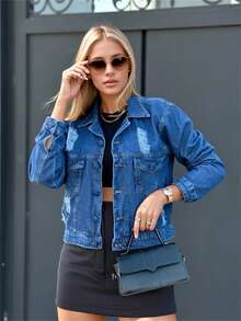 WOMEN'S DENIM JACKET, LONG SLEEVE CROPPED JACKET 010 FASHION 2025 - 深色水洗藍 - 查看 1