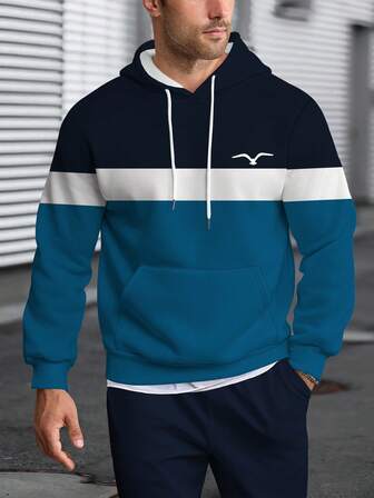 Herrtröja med dragsko, casual street fashion färgblock Seagull grafisk 3D digitaltryck pullover hoodie