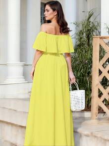 Vestido Largo de Escote Recto y de Hombros Descubiertos con Volantes, y Bajo con Abertura Lateral Elegante para Mujer - Amarillo - Ver 2