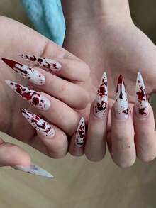 24 piezas de uñas postizas de estilo especial con diseño de manchas de sangre, superficie brillante y diseño de cobertura completa, uñas falsas de estilo stiletto largas de color nude para mujeres y niñas para usar en Halloween - Rojo - Ver 3