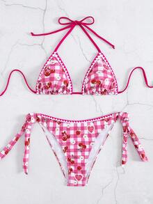 新款夏季女式系带蕾丝花齿可爱樱桃印花性感度假比基尼套装 - 彩色 - 查看 3