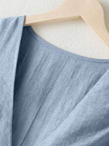 大码女式夏季休闲度假亚麻无袖西装外套和裤子套装 - 霧霾藍 - 查看 4