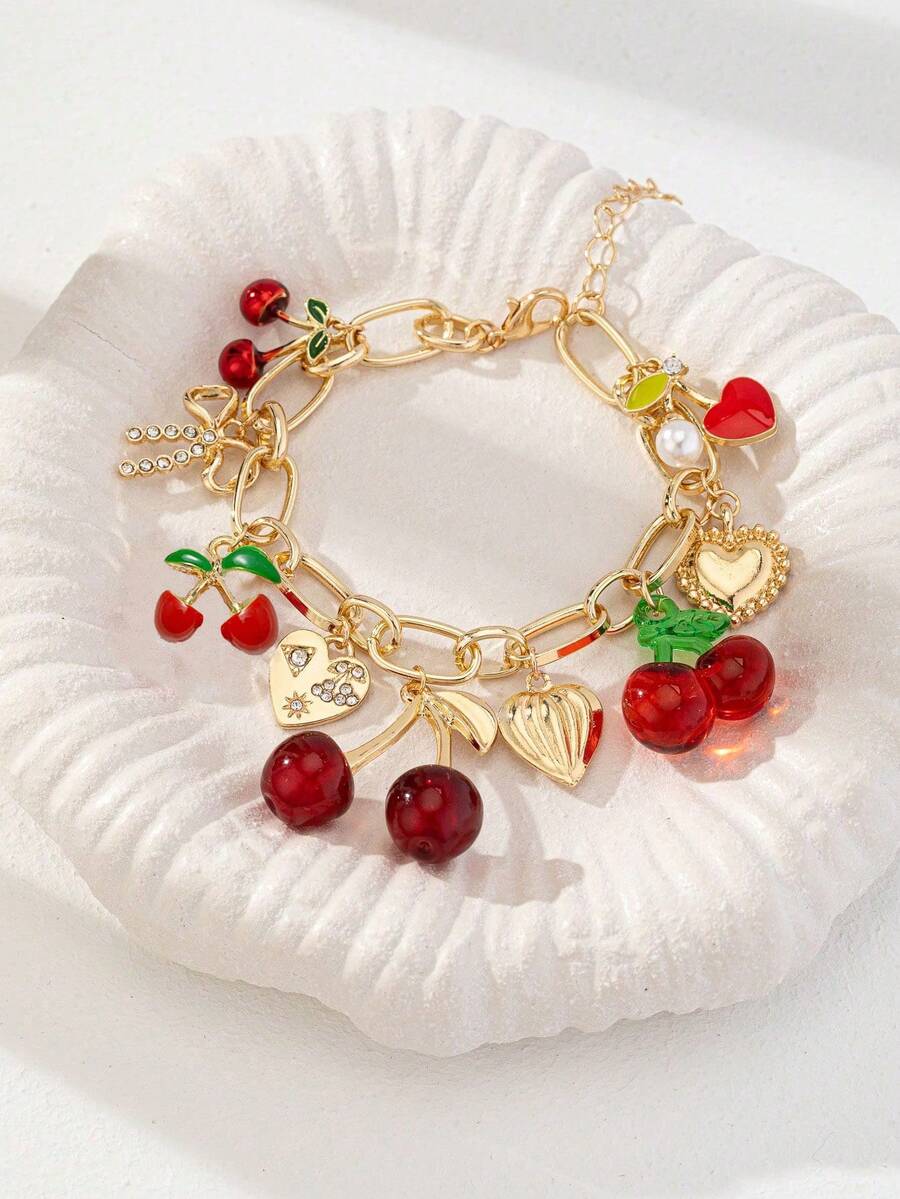 1 件波西米亚手工樱桃手链，水晶蝴蝶结不对称心形吊坠手链，金色粗链时尚水果樱桃手链，适合女士 - 彩色 - 查看 1